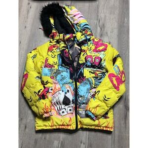 REELISTIK Mens Puffer Jacket Yellow Graphic Print Hooded Winter Warm Size L